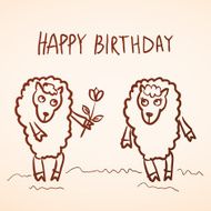 Happy birthday card Funny sheep girl boy with flower Sketch