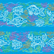 Funny Fish and Colored corals Doodle seamless border N2