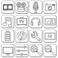 Doodle multi media icon set in black and white
