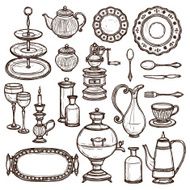 Dishes doodle sketch set print N2