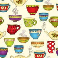 Seamless tea pattern with doodle teapots and cups