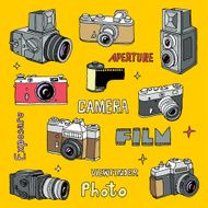 Hand drawn film photo cameras set Vector illustration