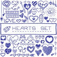 Hand drawn set of hearts and arrows blue pen effect