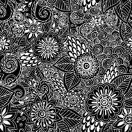 Seamless ethnic floral retro doodle black and white background pattern N2