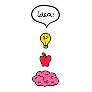 Concept image with cartoon brain bulb and apple