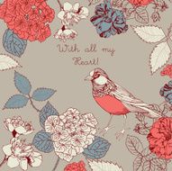 Vintage bird among multiple blooming flowers