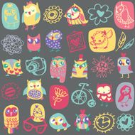 Owl seamless pattern on dark background Hand drawn vector illustration
