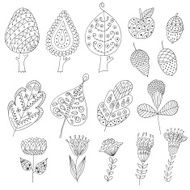 Set of cartoon doodle trees flowers fruits leaves N2