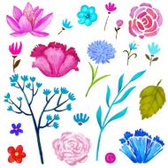 Hand painted floral watercolor set flowers and leaves N2