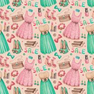 Watercolor illustrations of dresses and accessories