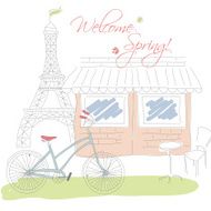 Welcome spring in Paris postcard hand drawn