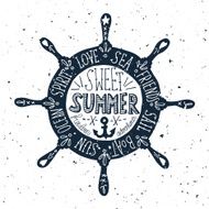 Hand drawn vintage label with a steering wheel