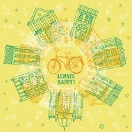 Houses and city bicycle postcard N3