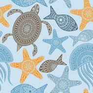 Vector Seamless Pattern with Turtles Starfishes and Jellyfishes N2
