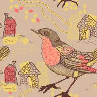 vector seamless pattern with birds and houses