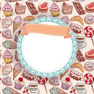 Hand drawn confectionery seamless pattern croissant Cupcake cand marshmallow