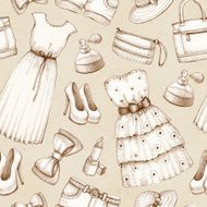 Seamless pattern with a drawings of dresses and accessories