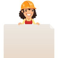 Female Builder Looking at Blank Poster on Top