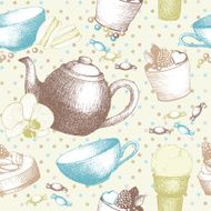 Hand drawn sweet cakes candies and teapot background