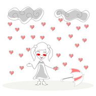 doodle girl with umbrella under rain of hearts vector