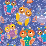 Seamless pattern with owls and snowflakes on purple background vector