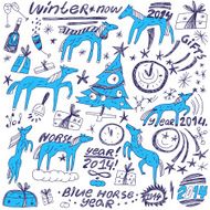 blue horse new year - doodles set