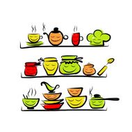 Kitchen utensils characters on shelves sketch drawing for your design N7