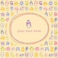 Doodle frame and owls seamless colourful background