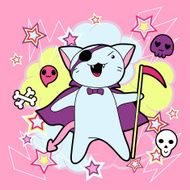 Vector kawaii illustration Halloween cat and creatures N3