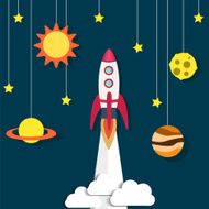 Paper rocket and planet sun Retro background