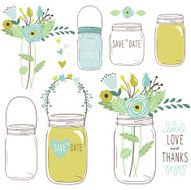 Vector drawings of wedding jars and flowers