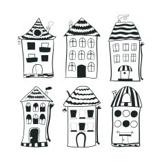 Set sketch black and white outline houses in cartoon style N3