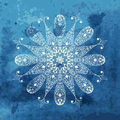 Vector white snowflake on watercolor blue background and blobs