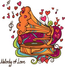 Holiday retro Valentine's day music card with the gramophone