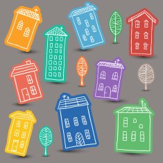 Houses doodles on colored background N2