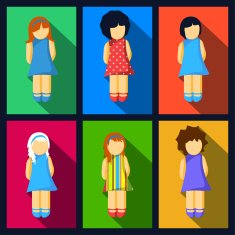 Set of girl flat icons with colorful dresses