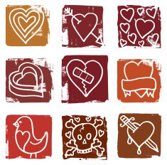 Love and romance grunge icon blocks