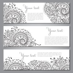 Three vector banners with beautiful monochrome floral pattern