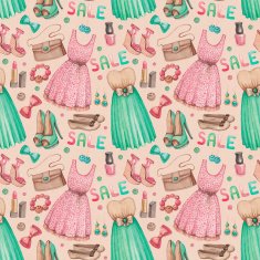 Watercolor illustrations of dresses and accessories