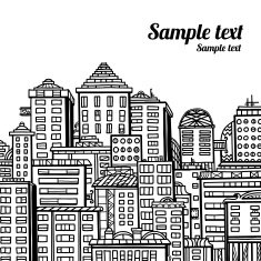 Panorama of the city cartoon illustration in black and white N3