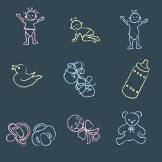 Chalk line doodles of babies and baby items