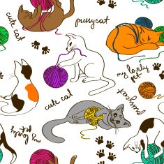Seamless pattern with cats playing ball of yarn N2