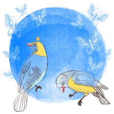 Birds and butterfly on water color background Hand drawn vector