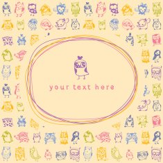 Doodle frame and owls seamless colourful background