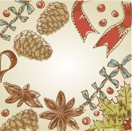 Cute Christmas hand drawn ink retro postcard with set