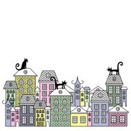 Vector illustration poster with houses and cats