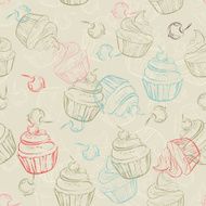 Seamless pattern with sweet cupcakes and berries in vintage style