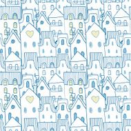 Cute blue seamless pattern with houses