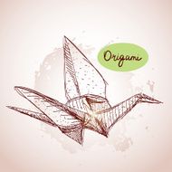 Origami paper cranes sketch line on beige background Grunge texture N2