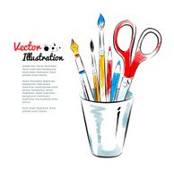 Brushes pen pencils and scissors in holder N3